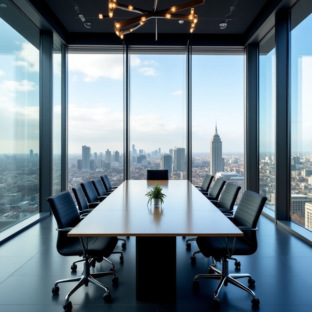 Sala de reuniones moderna con vista a la ciudad.