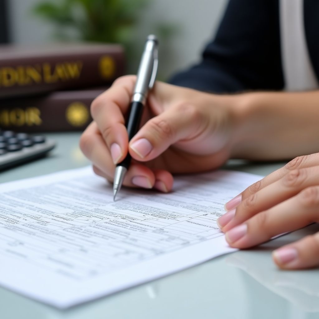 Una persona firmando documentos fiscales, con una calculadora y leyes impositivas de fondo.