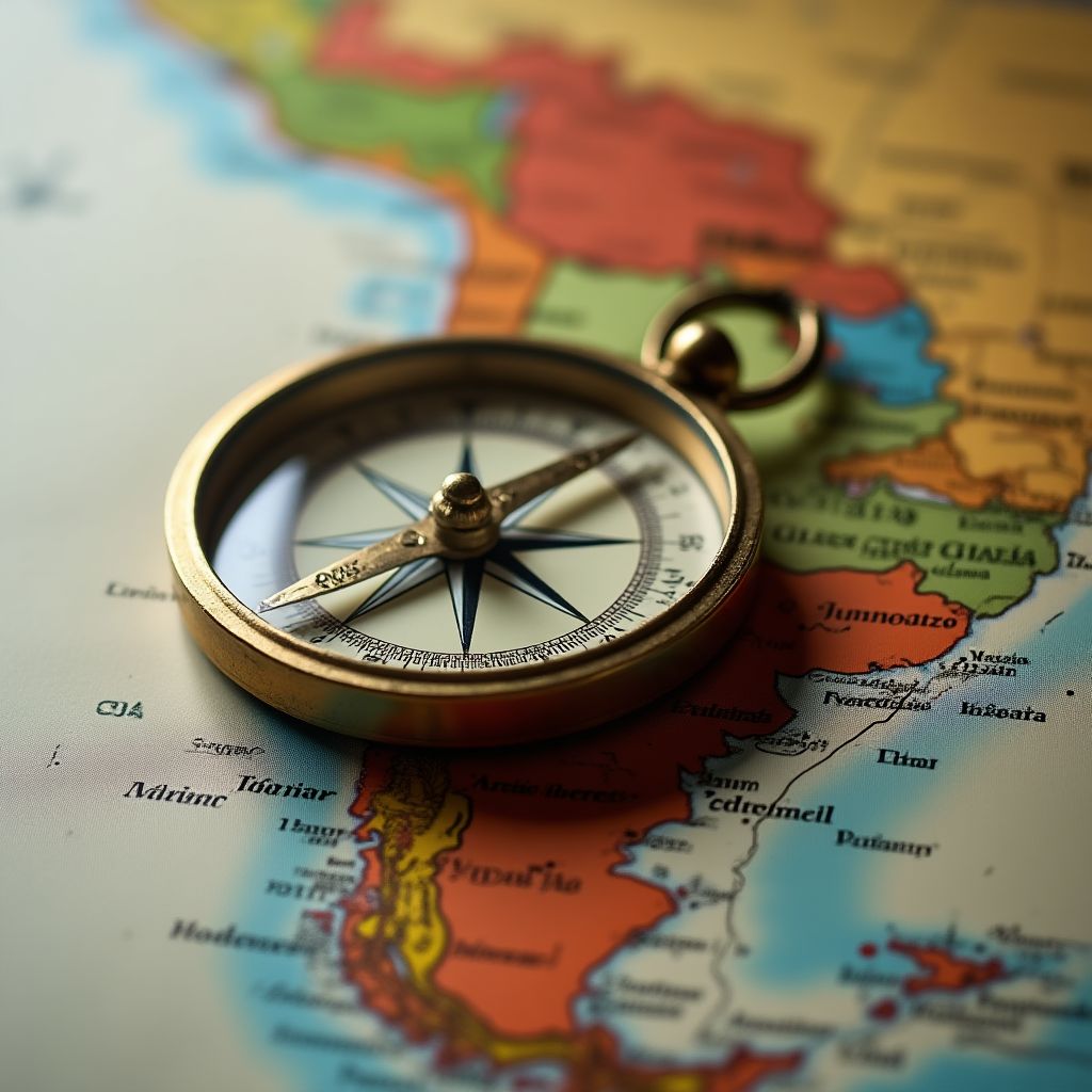 Una brújula antigua sobre un mapa financiero de Argentina, simbolizando guía y dirección estratégica.