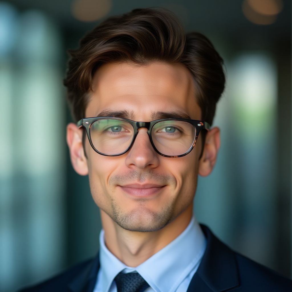 Retrato profesional de un joven analista de riesgos con gafas.